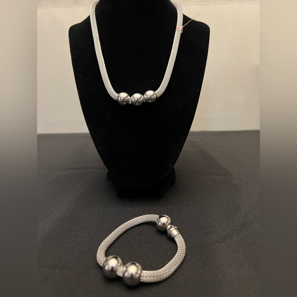 Stainless Steel Mesh Necklace & Bracelet Set w/ Magnetic Clasps